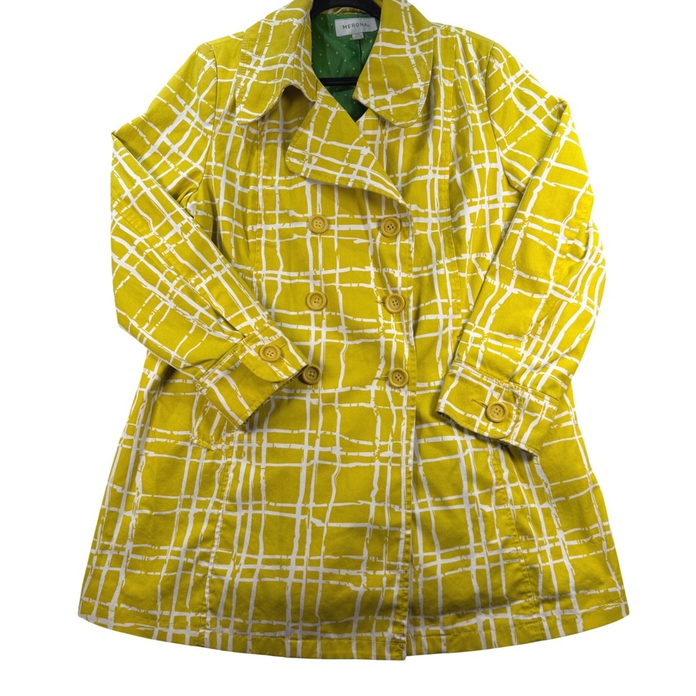 Merona Trench Coat Abstract Grid Cotton Blend XXL Yellow White Mod Rain Jacket
